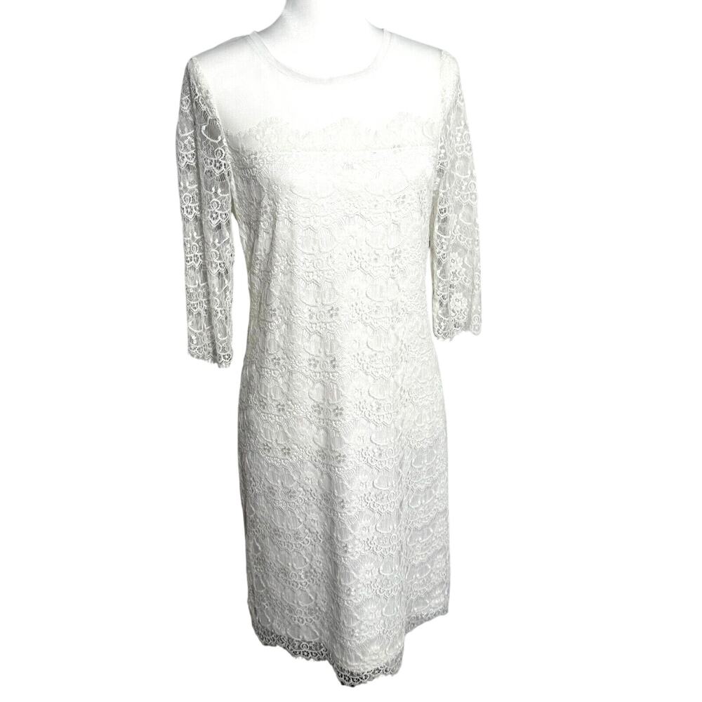 BCBG PARIS Size 8 White Floral Lace Lined Midi Dress Eyelash Coquette Bridal
